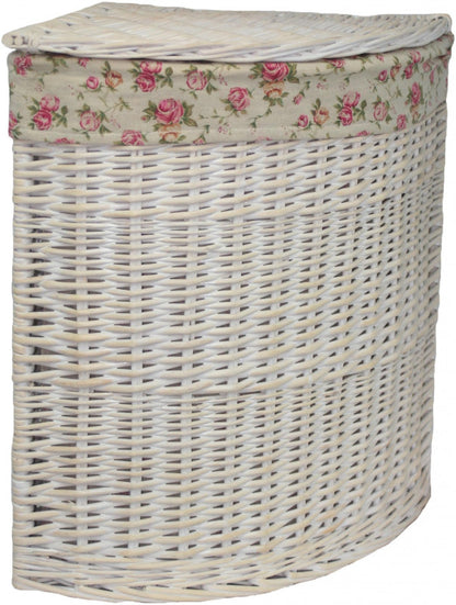 LARGE CORNER WHITE WASH LAUNDRY HAMPER with GARDEN ROSE LINING