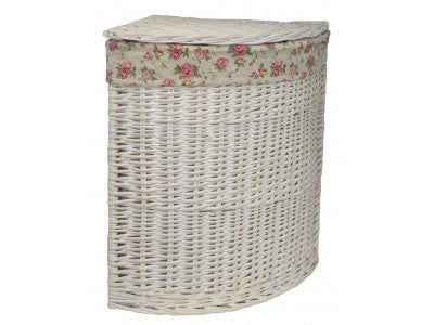 LARGE CORNER WHITE WASH LAUNDRY HAMPER with GARDEN ROSE LINING