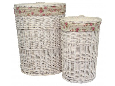 ROUND WHITE WASH LAUNDRY HAMPER with GARDEN ROSE LINING SET 2