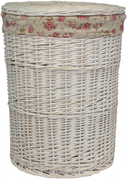 LARGE ROUND WHITE WASH LAUNDRY HAMPER with GARDEN ROSE LINING