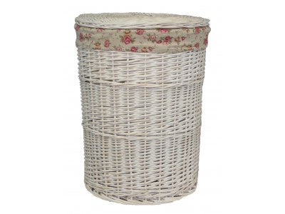 LARGE ROUND WHITE WASH LAUNDRY HAMPER with GARDEN ROSE LINING