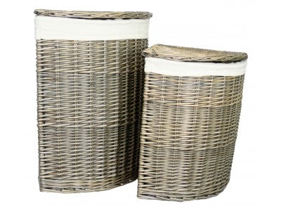 ANTIQUE WASH CORNER LINEN BASKET with WHITE LINING SET 2