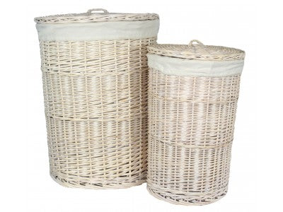 ROUND WHITE WASH LAUNDRY HAMPER with WHITE LINING SET 2