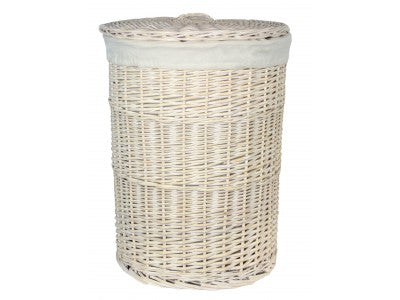 LARGE ROUND WHITE WASH LAUNDRY HAMPER with WHITE LINING