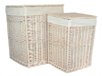 SQUARE WHITE WASH LAUNDRY HAMPER with WHITE LINING SET 2