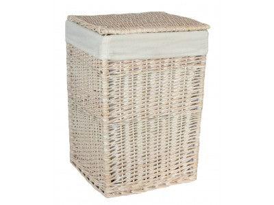 SMALL SQUARE WHITE WASH LAUNDRY HAMPER with WHITE LINING