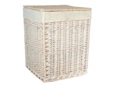 LARGE SQUARE WHITE WASH LAUNDRY HAMPER with WHITE LINING