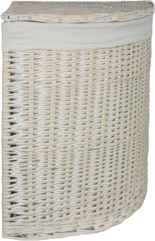 LARGE CORNER WHITE WASH LAUNDRY HAMPER with WHITE LINING