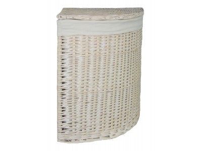 LARGE CORNER WHITE WASH LAUNDRY HAMPER with WHITE LINING