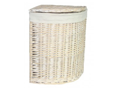 SMALL CORNER WHITE WASH LAUNDRY HAMPER with WHITE LINING