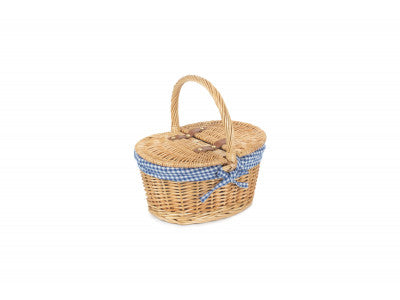 CHILD'S OVAL LINED LIDDED HAMPER with BLUE & WHITE CHECKED LINING