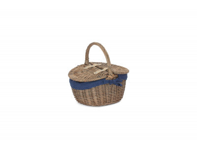 SMALL ANTIQUE WASH FINISH OVAL PICNIC BASKET with NAVY BLUE LINING