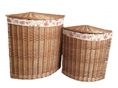 LIGHT STEAMED CORNER LINEN BASKET with  GARDEN ROSE LINING SET 2