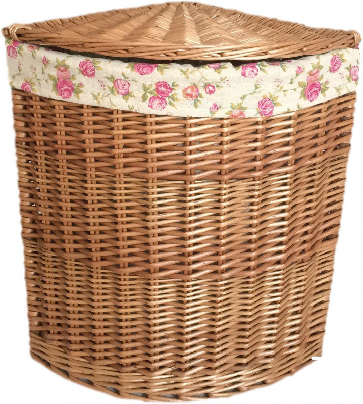 SMALL LIGHT STEAMED CORNER LINEN BASKET with GARDEN ROSE LINING