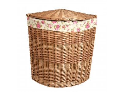 SMALL LIGHT STEAMED CORNER LINEN BASKET with GARDEN ROSE LINING