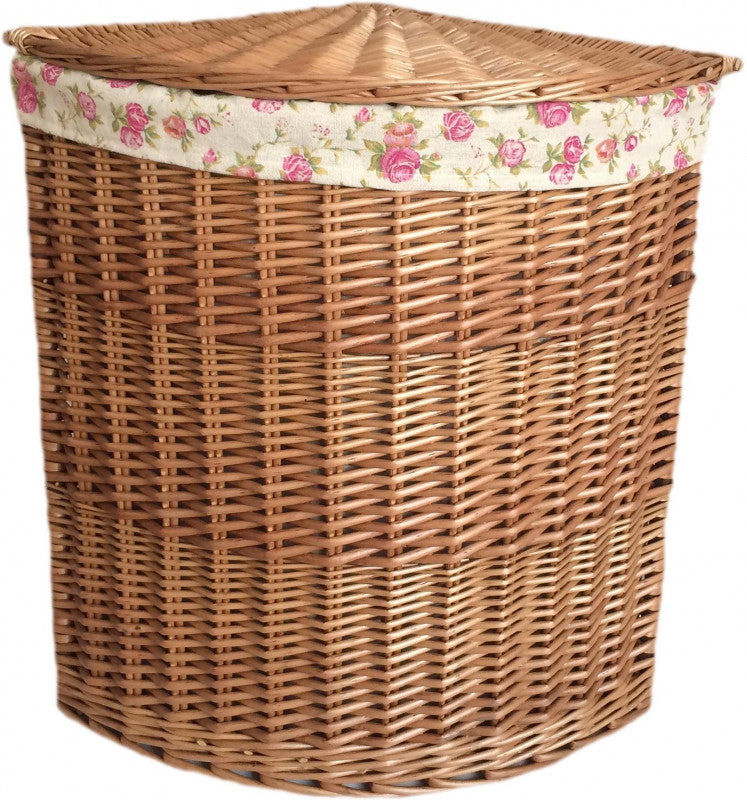 LARGE LIGHT STEAMED CORNER LINEN BASKET with GARDEN ROSE LINING