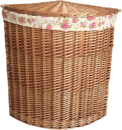 LARGE LIGHT STEAMED CORNER LINEN BASKET with GARDEN ROSE LINING