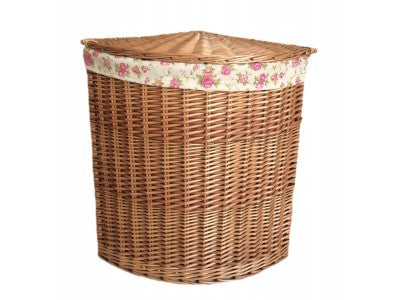 LARGE LIGHT STEAMED CORNER LINEN BASKET with GARDEN ROSE LINING