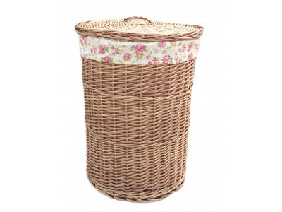 LARGE LIGHT STEAMED ROUND LINEN BASKET with GARDEN ROSE LINING