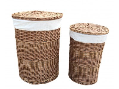 LIGHT STEAMED ROUND LINEN BASKET with WHITE LINING SET 2