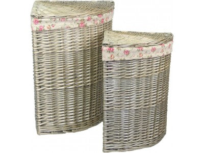 ANTIQUE WASH CORNER LINEN BASKET with GARDEN ROSE LINING SET 2