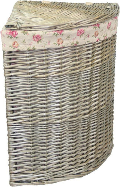 SMALL ANTIQUE WASH CORNER LINEN BASKET with GARDEN ROSE LINING