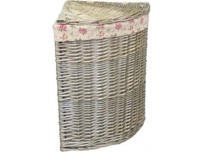 SMALL ANTIQUE WASH CORNER LINEN BASKET with GARDEN ROSE LINING