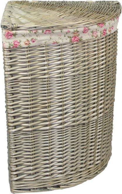 LARGE ANTIQUE WASH CORNER LINEN BASKET with GARDEN ROSE LINING