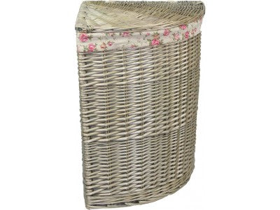 LARGE ANTIQUE WASH CORNER LINEN BASKET with GARDEN ROSE LINING