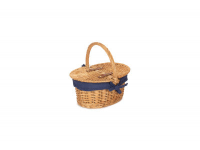 CHILD'S OVAL LINED LIDDED HAMPER with NAVY BLUE LINING