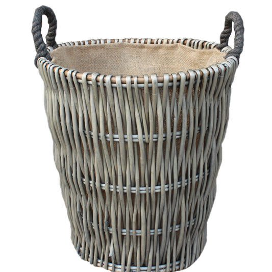 Tall Round Grey Antique Wash Log Basket