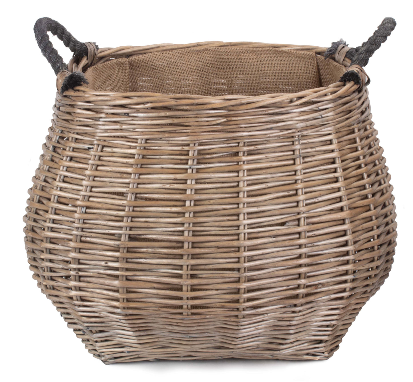 Curve-Sided Antique Wash Hessian Lined Log Basket