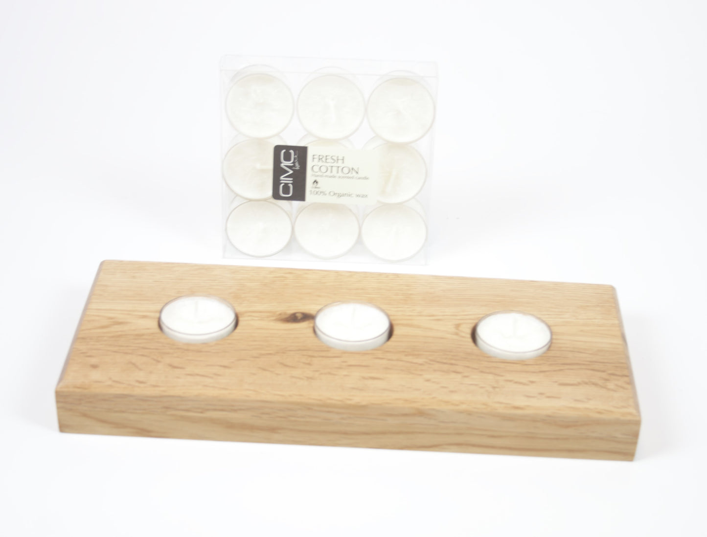 Solid Oak 3 Tea Light Holder (inc. 9-pack Cotton Fresh Tea Lights)