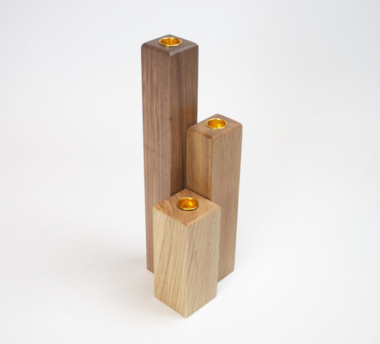 Oak, Ash and Walnut `Skyscraper` Candle Holder