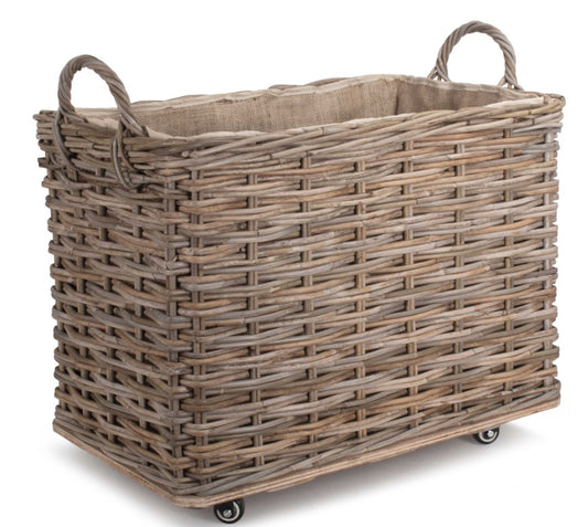 Small Wheeled Rattan Cordura Lined Log Basket