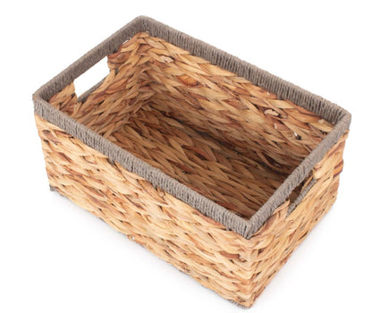 Small Deep Rectangular Water Hyacinth Storage Basket with Grey Rope Border - WH019/1