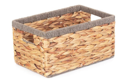 Small Deep Rectangular Water Hyacinth Storage Basket with Grey Rope Border - WH019/1