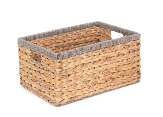 Medium Deep Rectangular Water Hyacinth Storage Basket with Grey Rope Border - WH019/2