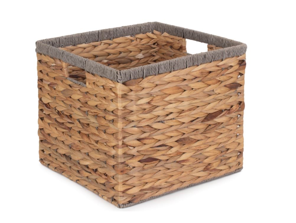 Small Square Water Hyacinth Storage Basket with Grey Rope Border