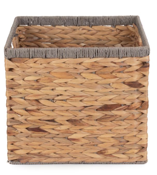 Small Square Water Hyacinth Storage Basket with Grey Rope Border