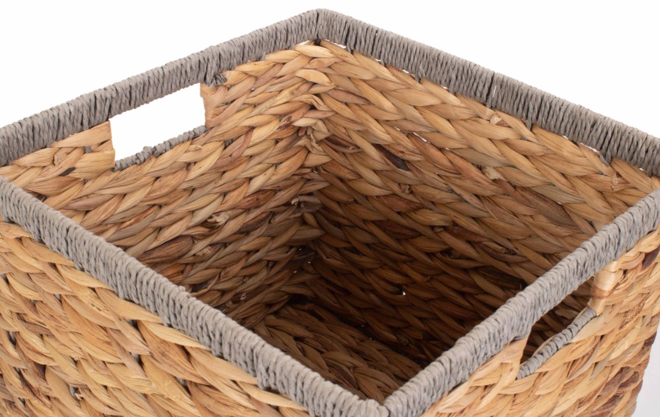 Small Square Water Hyacinth Storage Basket with Grey Rope Border