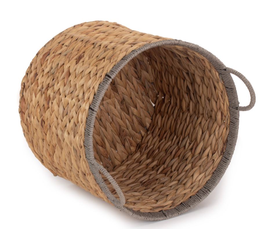 Small Round Water Hyacinth Basket with Grey Rope Border