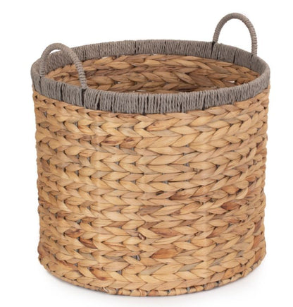 Small Round Water Hyacinth Basket with Grey Rope Border