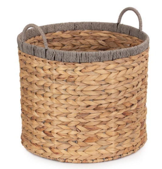 Large Round Water Hyacinth Basket with Grey Rope Border