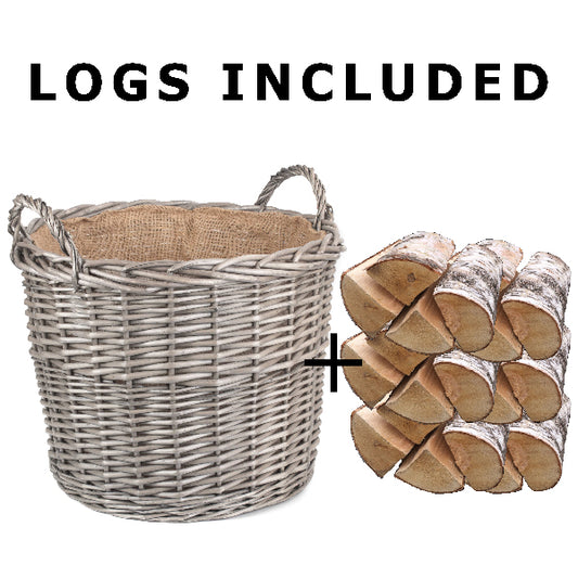 Extra Large Round Lined Wicker Log Basket - WITH LOGS