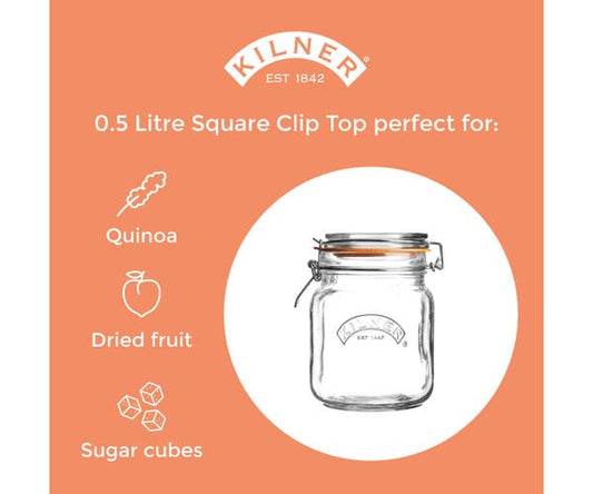 Kilner Clip Top Square Jar 0.5 Litre