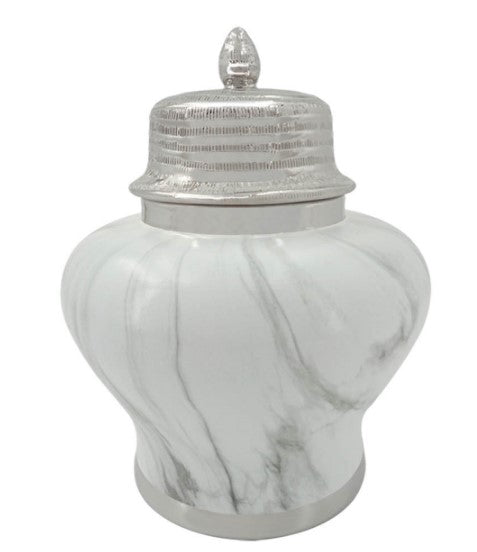 White Marble And Silver Ginger Jar 41cm