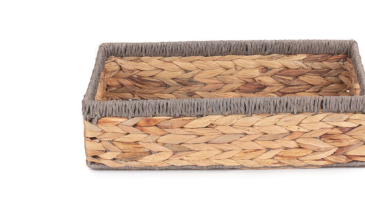 Medium Shallow Rectangular Water Hyacinth Storage Basket with Grey Rope Border WH022/2