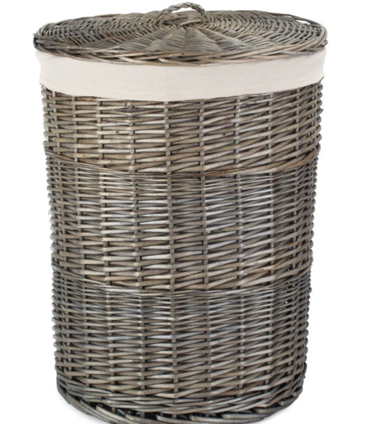 Large Antique Wash Round Linen Basket with White Lining