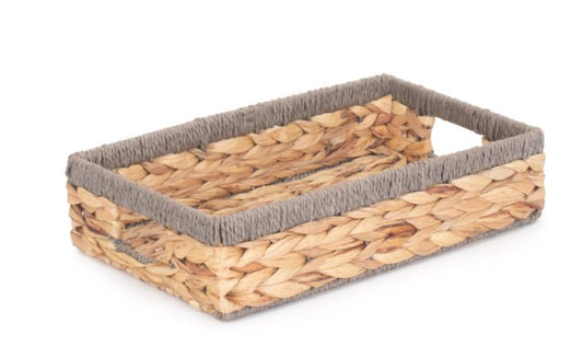 Small Shallow Rectangular Water Hyacinth Storage Basket with Grey Rope Border WH022/1